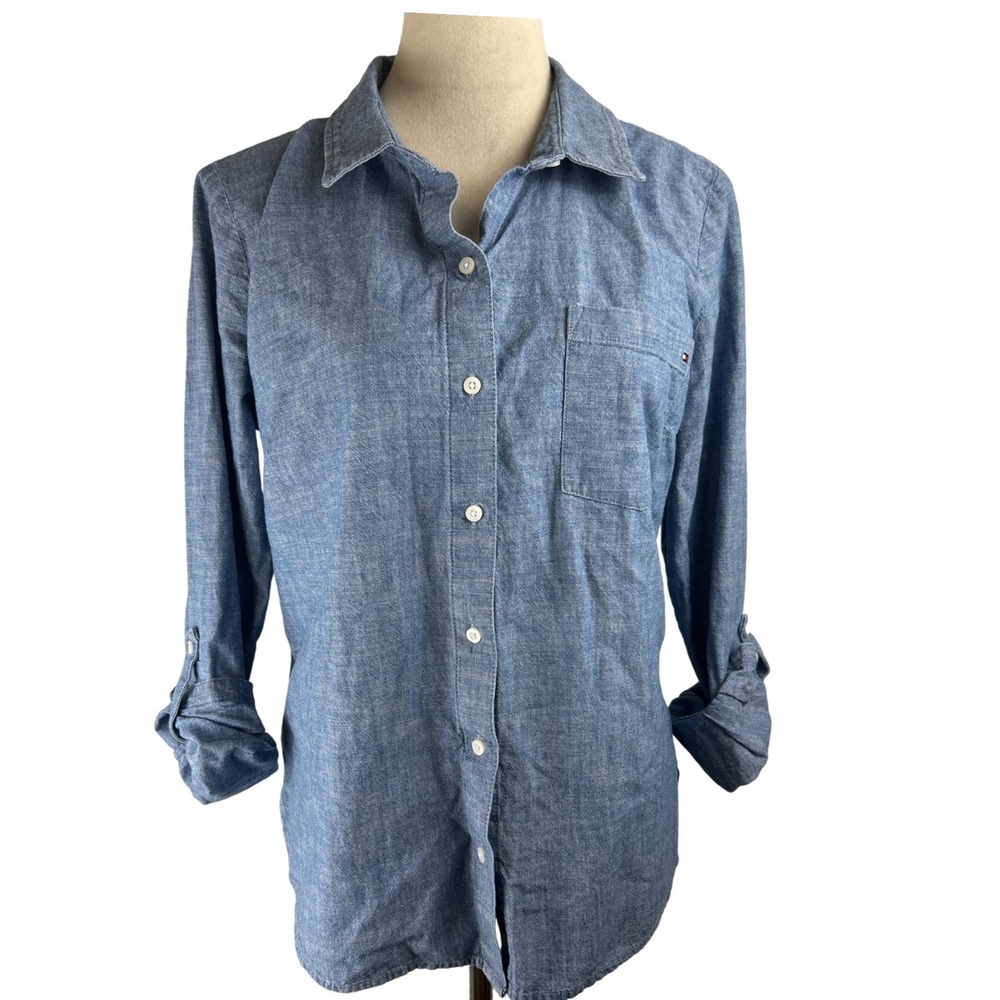 Tommy Hilfiger Chambray Button Down Blue Roll Tab Sleeve Women Size L
